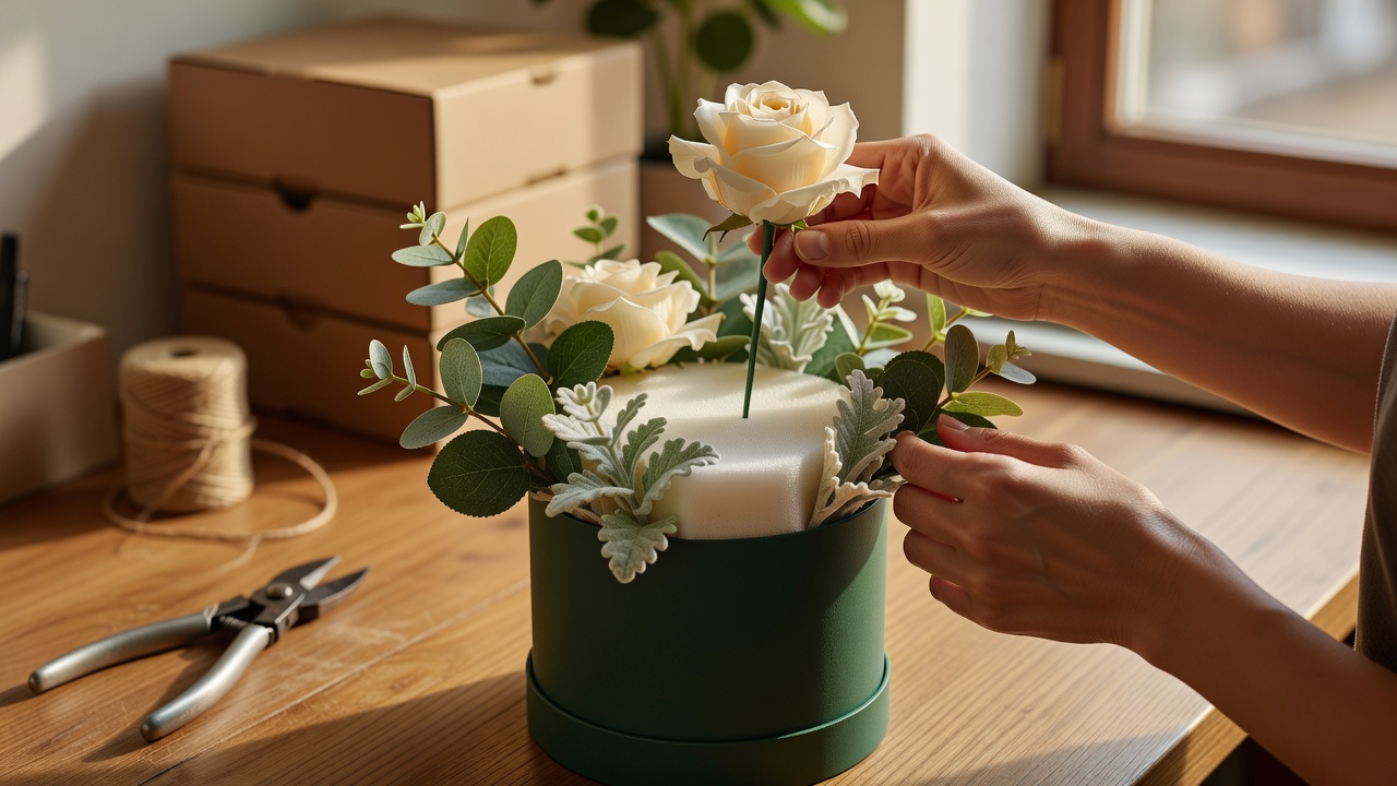 Flowerbox i piki jako baza do trwałych kompozycji ze sztucznych kwiatów